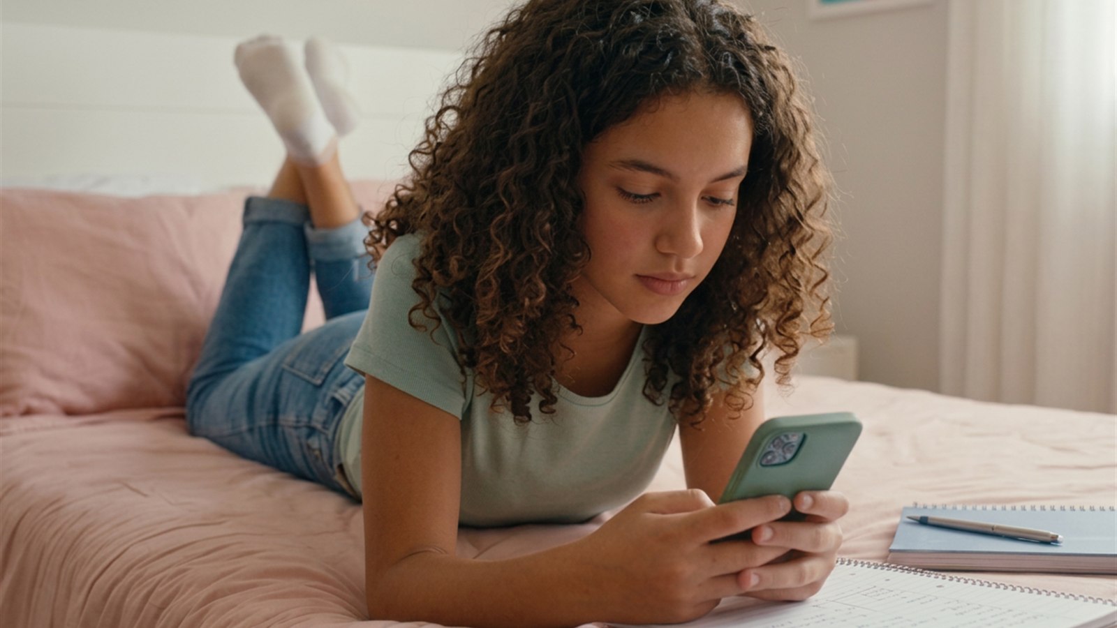 Adolescente deitada na cama com o celular na mão, caderno e material de estudo ao lado