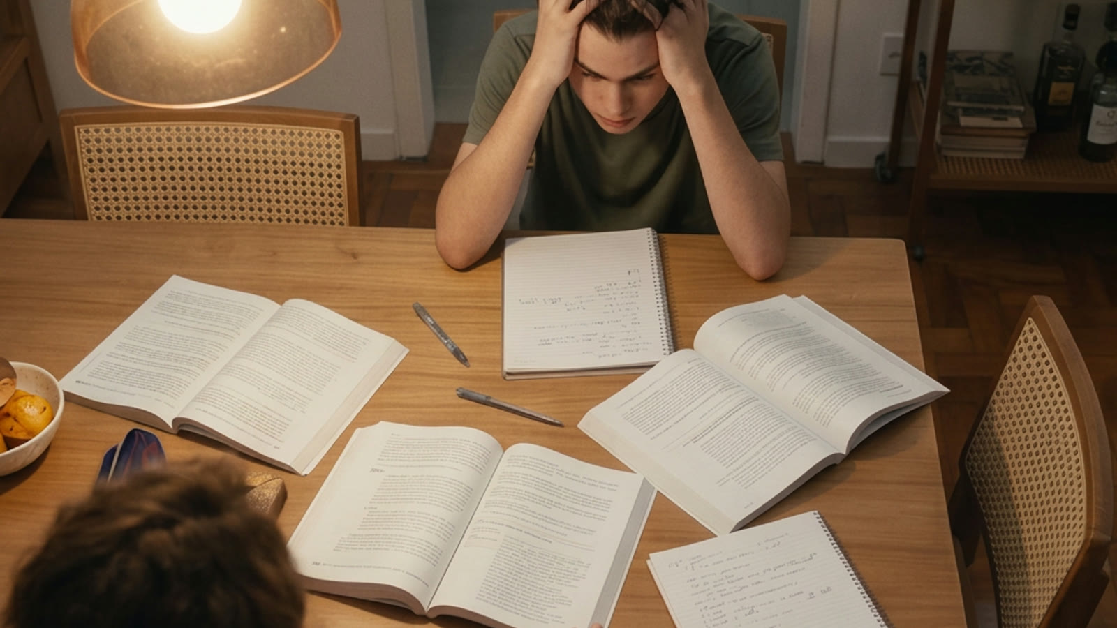 Adolescente com as mãos na cabeça diante de vários livros abertos