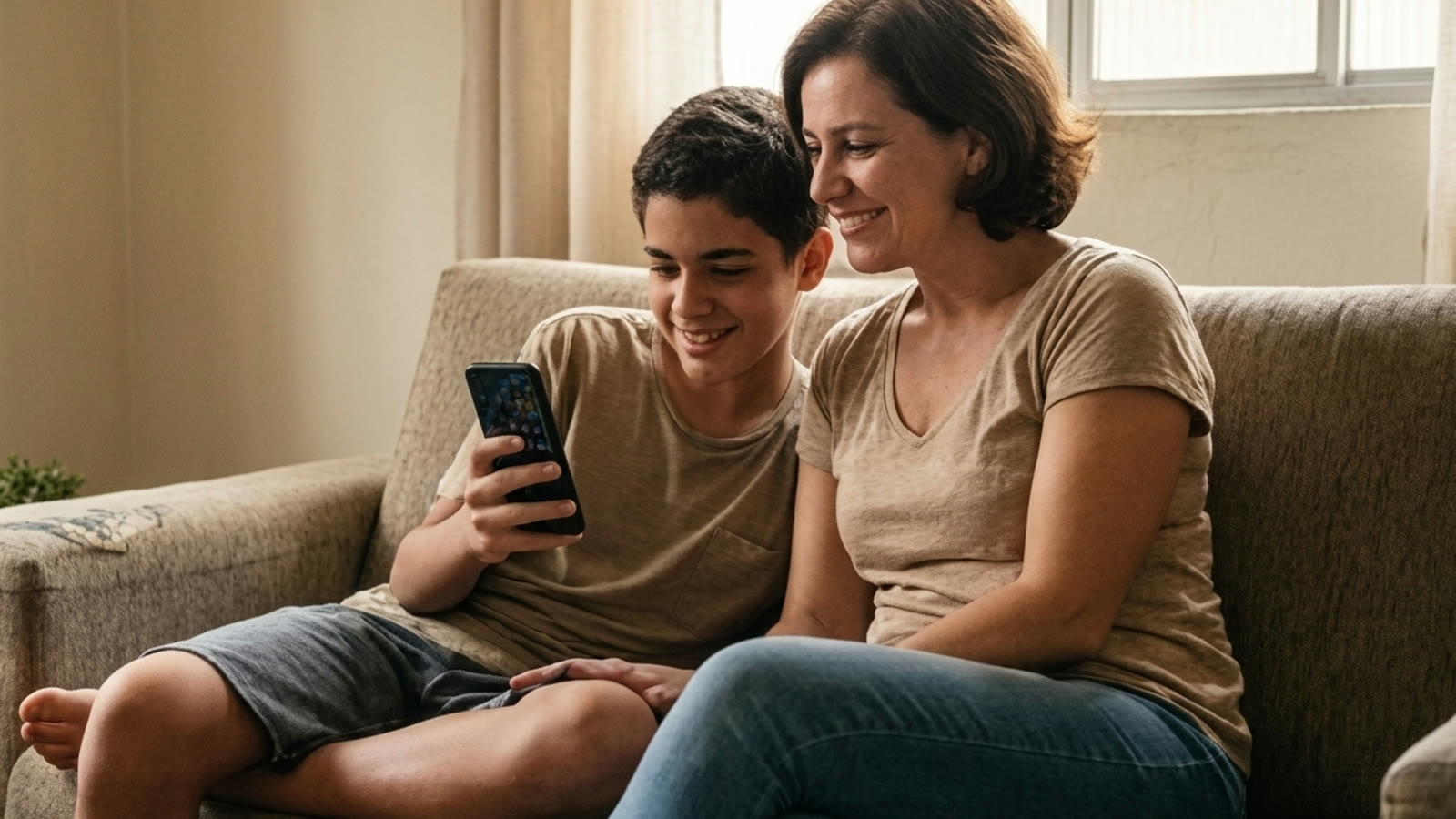 Mãe e filho no sofá olhando o conteúdo no celular