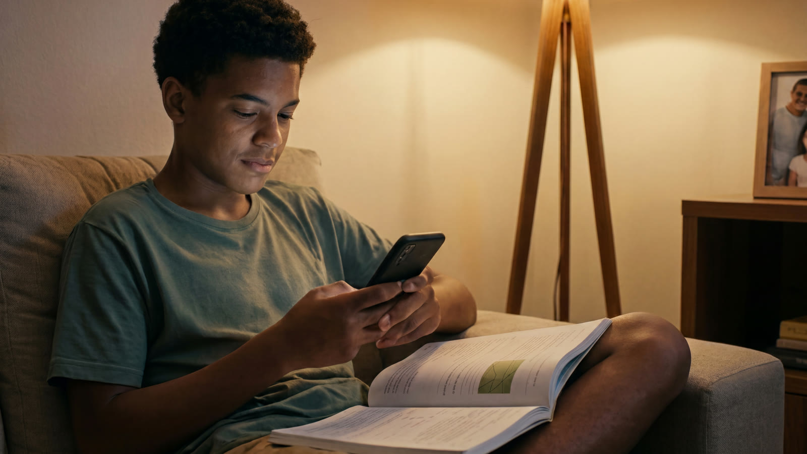 Adolescente no sofá à noite com o celular e um livro aberto ao lado