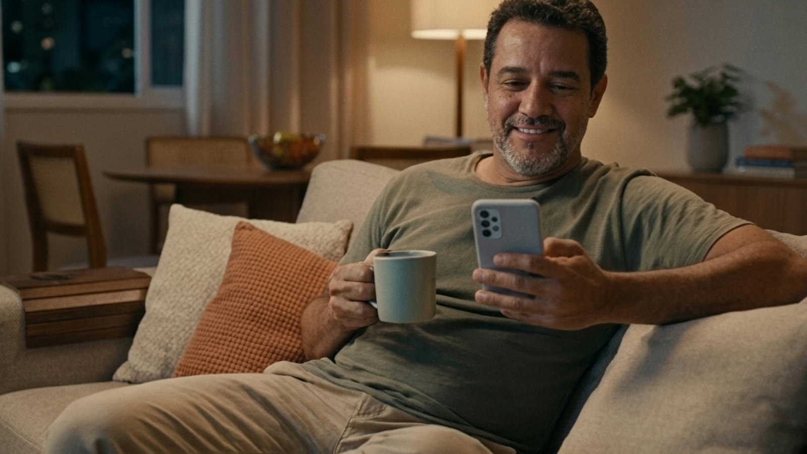 Pai tranquilo no sofá com uma caneca e o celular