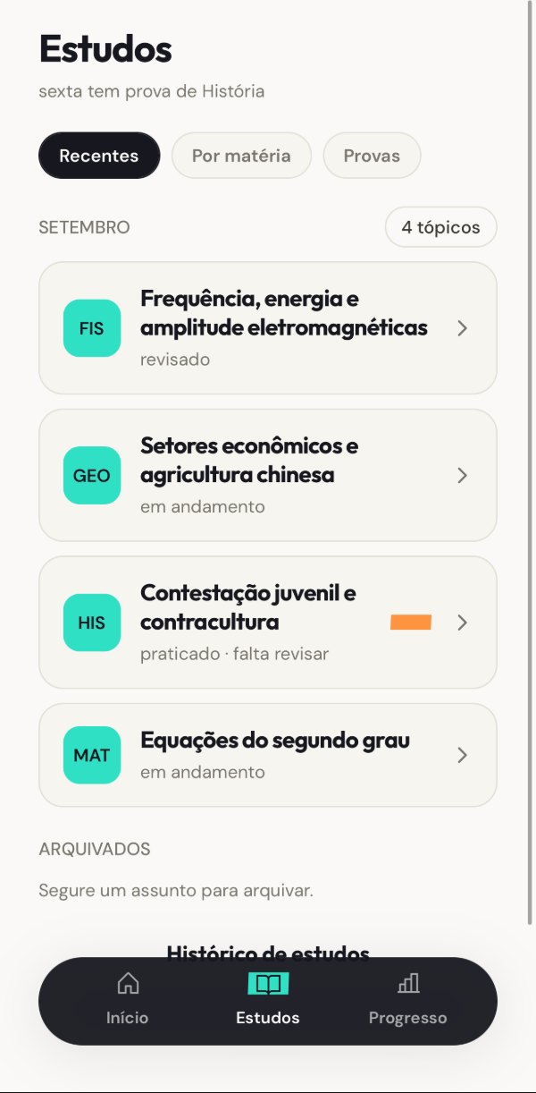 Estudos: os tópicos estudados, salvos por matéria e por prova