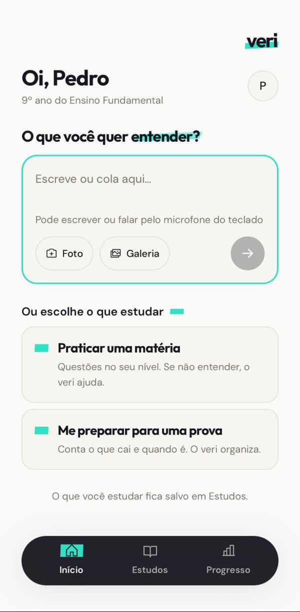 Tela Início do verilearn: O que você quer entender? Com Foto, Galeria, Praticar uma matéria e Me preparar para uma prova