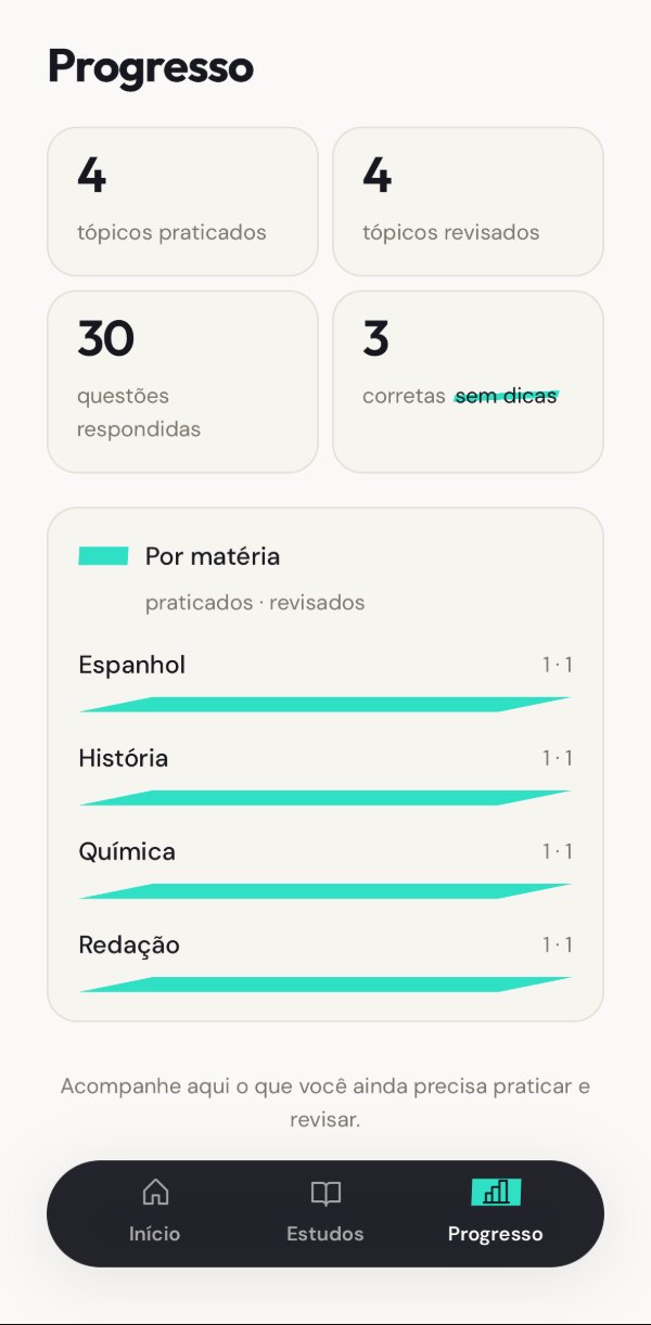 Progresso: tópicos praticados e revisados, questões respondidas, por matéria