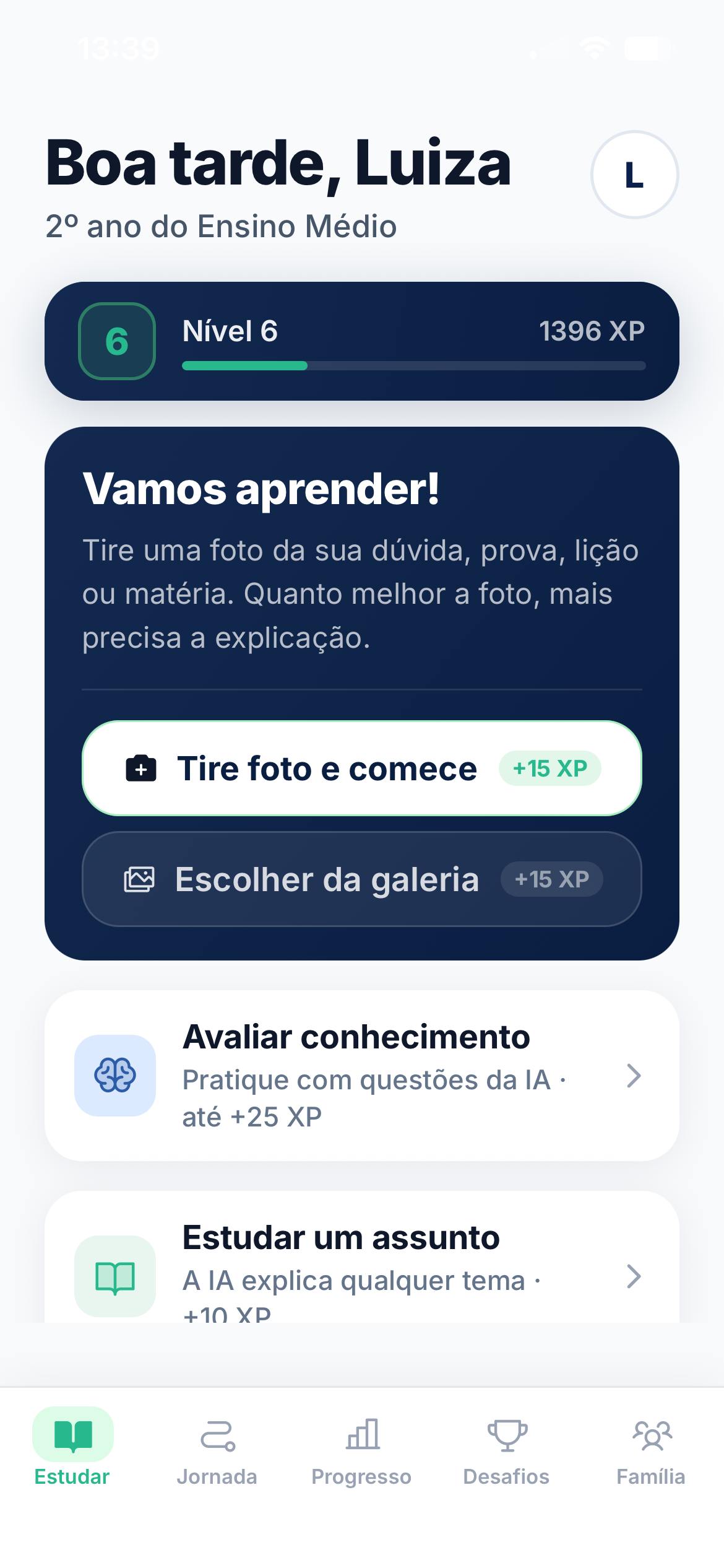 verilearn: tela inicial do aluno, com tirar foto da dúvida, avaliar conhecimento e estudar um assunto