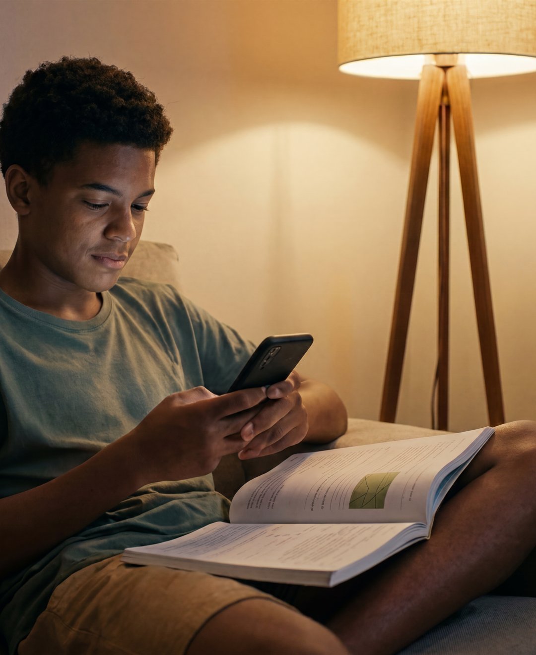 Adolescente no sofá estudando pelo celular com o livro aberto ao lado