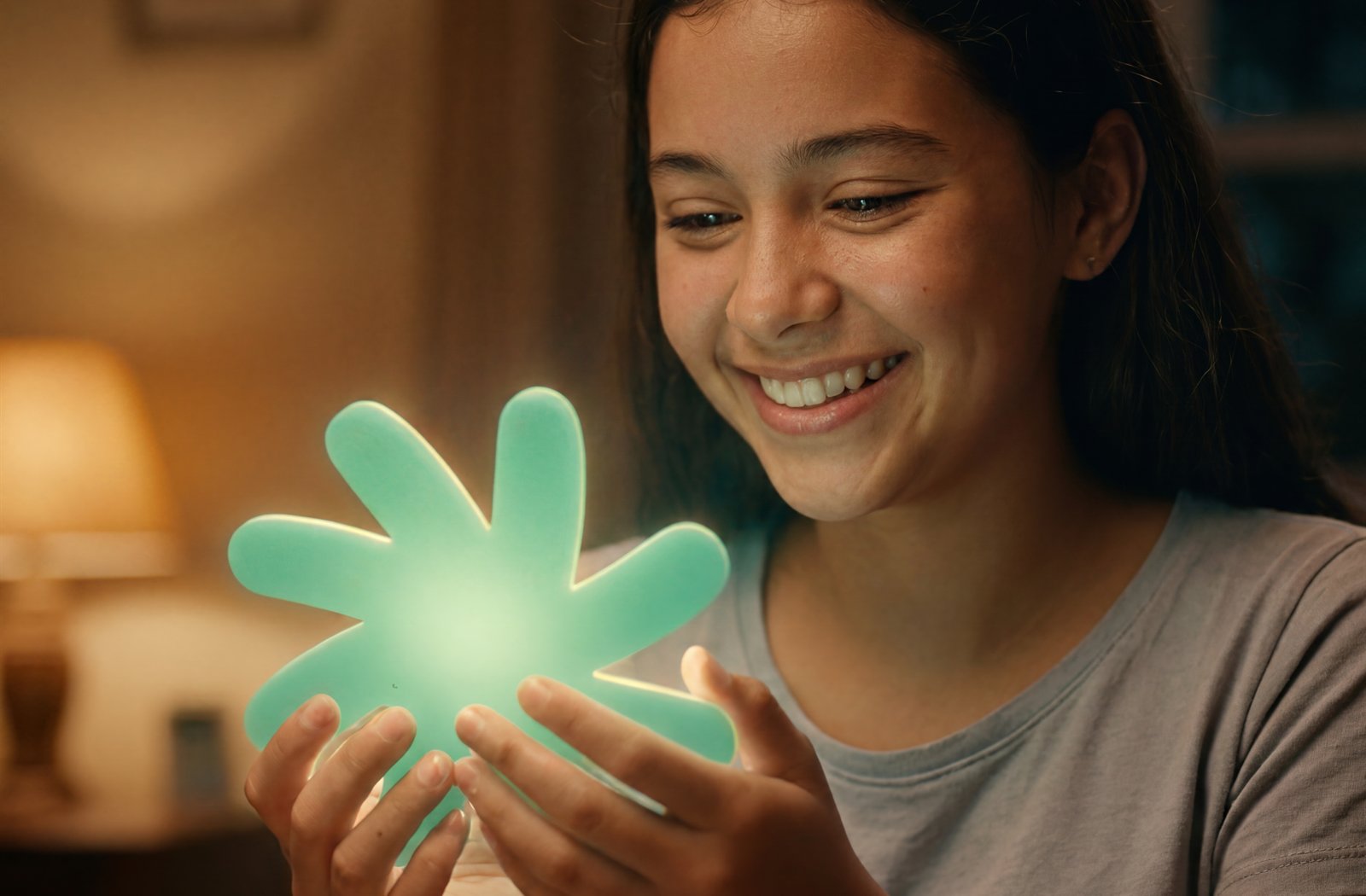 Adolescente sorrindo diante da luz do celular ao entender um conteúdo